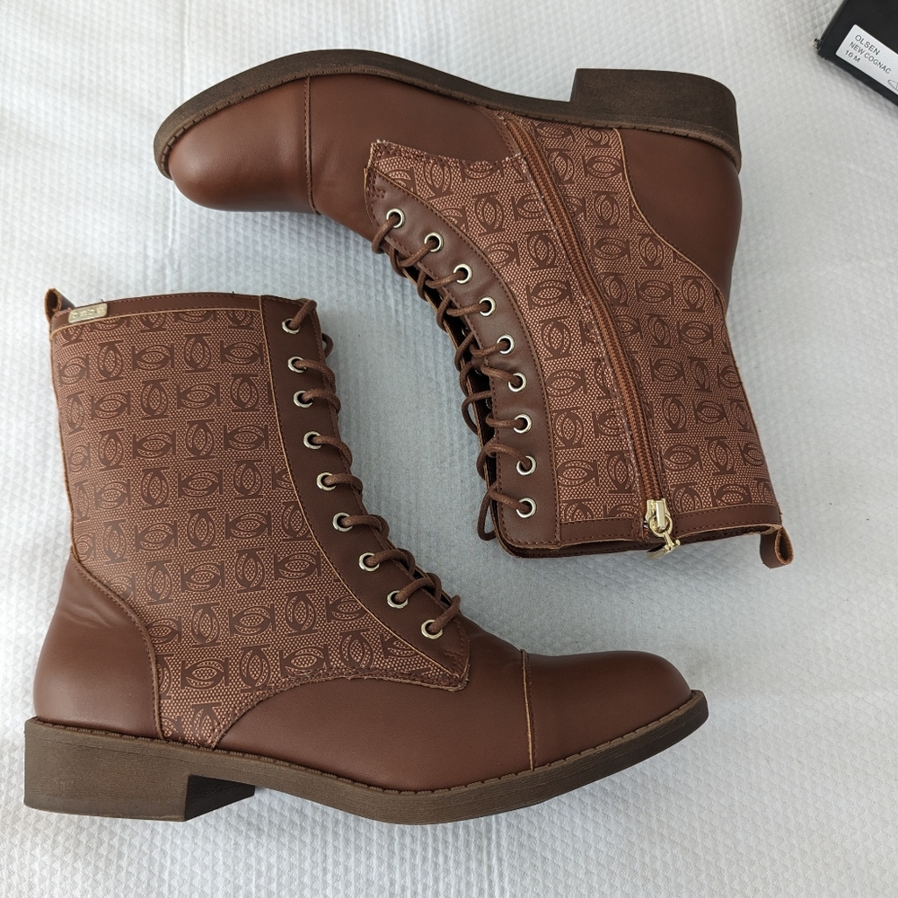 BeBe Size 10M Cognac Lace Up / Zipper Heel Combat Bootie Boots.